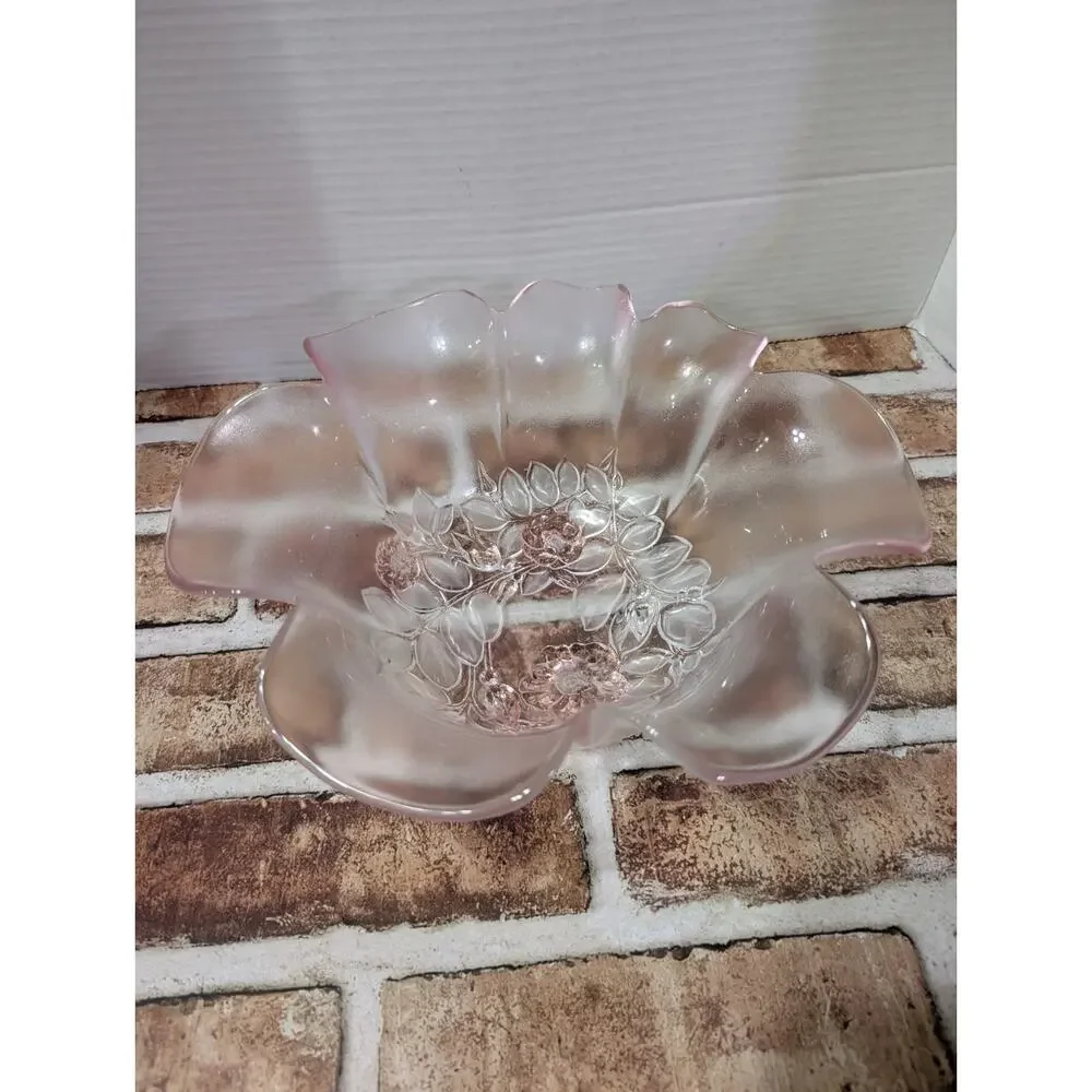 Vintage Mikasa Pink Rosella Bowl Crystal Rose Ruffled Edge Frosted Candy Dish